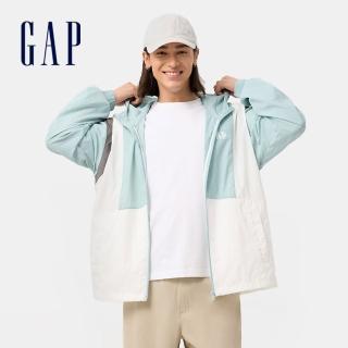 【GAP】男裝 Logo印花防曬連帽外套-藍色拼接(723067)