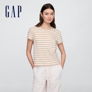 【GAP】女裝 純棉圓領短袖T恤-卡其條紋(723661)