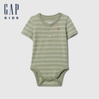 【GAP】嬰兒裝 純棉小熊刺繡圓領短袖包屁衣-綠色(725866)