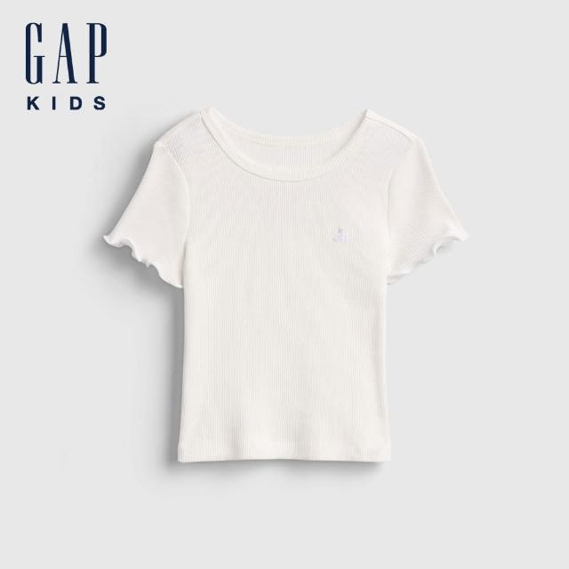 【GAP】女幼童裝 純棉小熊刺繡圓領短袖T恤-白色(498076)