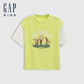 【GAP】男童裝 Logo印花假兩件圓領短袖T恤-檸檬黃色(673844)