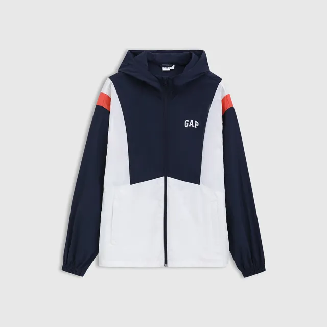 【GAP】男裝 Logo印花防曬連帽外套-海軍藍拼接(723067)