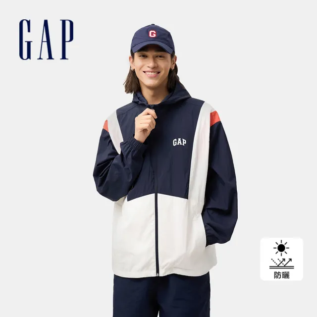 【GAP】男裝 Logo印花防曬連帽外套-海軍藍拼接(723067)