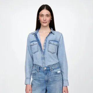 【GAP】女裝 翻領長袖牛仔襯衫-水洗藍(732265)