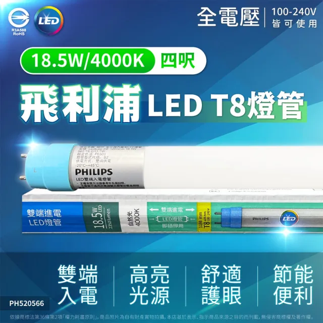 【Philips 飛利浦】12入 T8 LED 燈管 4尺 18.5W 全電壓 雙端入電 日光燈管(黃光/自然光/白光)