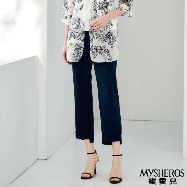 【MYSHEROS 蜜雪兒】雪紡造型長褲 前釦拉鍊後鬆緊設計 褲管前短後長造型(丈青)