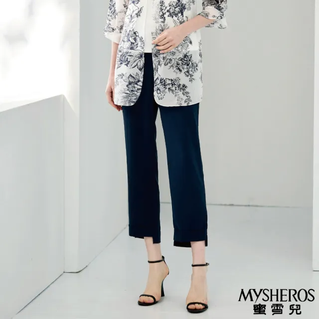 【MYSHEROS 蜜雪兒】雪紡造型長褲 前釦拉鍊後鬆緊設計 褲管前短後長造型(丈青)