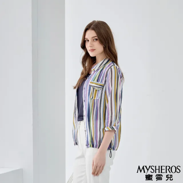 【MYSHEROS 蜜雪兒】棉質造型襯衫上衣 翻領排釦彩色直條紋 下擺抽繩設計(紫)