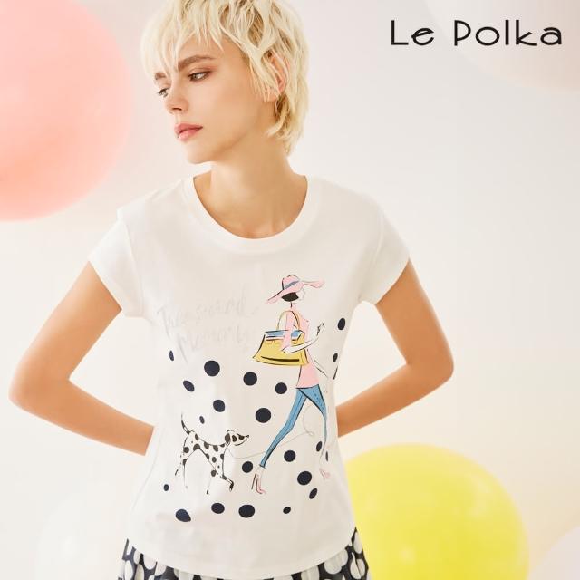 【Le Polka】圓點圖案印花絲光棉短袖上衣-女