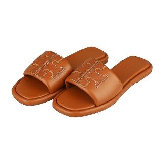 【TORY BURCH】TORY BURCH金屬雙T字LOGO羊皮拼牛皮平底拖鞋(女款/焦糖棕)
