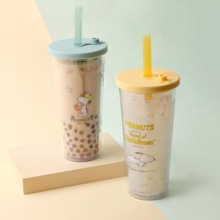 【Norns】雙層透明吸管杯(史努比 蠟筆小新 小熊維尼 三眼怪 奇奇蒂蒂 飲料杯 珍珠奶茶杯 隨行杯 環保杯)