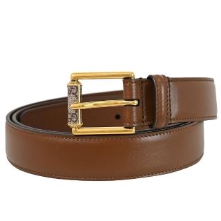 【GUCCI 古馳】簡約緹花LOGO皮革山字穿扣式時尚皮帶(咖)