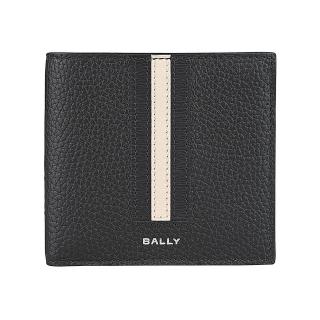 【BALLY】BALLY Ribbon燙印銀字LOGO小牛皮黑白黑條紋8卡對開式短夾(男款/黑)