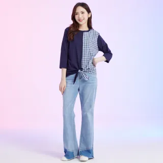【betty’s 貝蒂思】褲管不收邊撞色喇叭牛仔褲(淺藍)