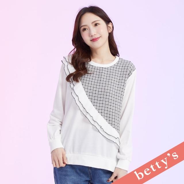 【betty’s 貝蒂思】格紋斜接壓褶雪紡木耳邊T-shirt(象牙白)