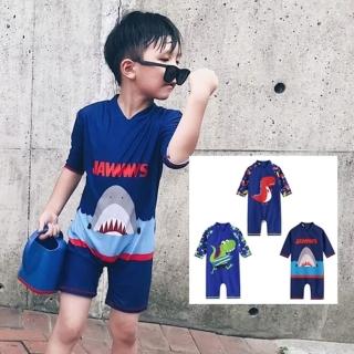 【橘魔法】衝浪恐龍 鯊魚 藍色紅龍 連身泳衣(連身泳裝 防曬泳衣 兒童 男童 海邊 玩水)