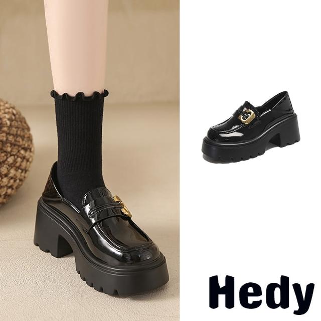 【Hedy】粗跟樂福鞋 厚底樂福鞋/兩穿法設計金屬C釦一字帶厚底粗跟樂福鞋(黑)