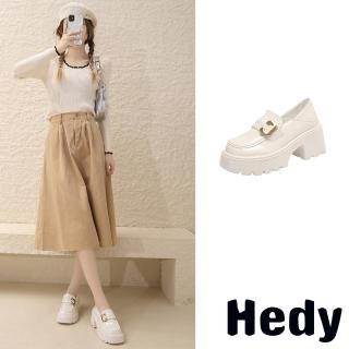 【Hedy】粗跟樂福鞋 厚底樂福鞋/兩穿法設計金屬C釦一字帶厚底粗跟樂福鞋(白)