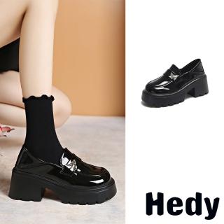 【Hedy】粗跟樂福鞋 厚底樂福鞋/兩穿法設計金屬蝴蝶釦飾厚底粗跟樂福鞋(黑)