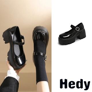 【Hedy】粗跟娃娃鞋 厚底娃娃鞋/典雅方釦一字帶粗跟厚底娃娃鞋(黑)