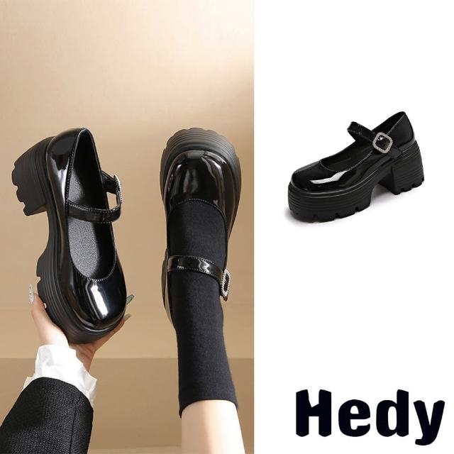 【Hedy】粗跟娃娃鞋 厚底娃娃鞋/典雅方釦一字帶粗跟厚底娃娃鞋(黑)
