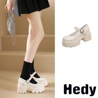 【Hedy】粗跟娃娃鞋 厚底娃娃鞋/典雅方釦一字帶粗跟厚底娃娃鞋(白)