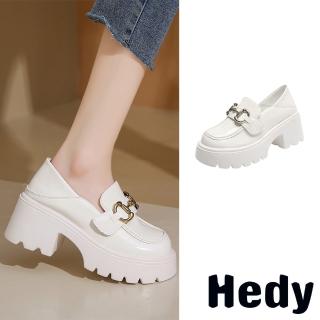 【Hedy】粗跟樂福鞋 厚底樂福鞋/兩穿法設計金屬馬銜釦飾粗跟厚底樂福鞋(白)