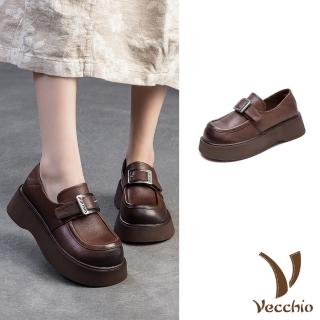 【Vecchio】真皮樂福鞋 厚底樂福鞋/真皮頭層牛皮便利魔鬼粘復古厚底樂福鞋(棕)