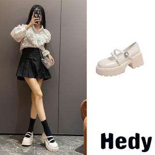【Hedy】粗跟娃娃鞋 厚底娃娃鞋/可愛小圓釦Z字帶粗跟厚底娃娃鞋(白)