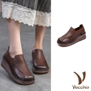 【Vecchio】真皮樂福鞋 坡跟樂福鞋/全真皮頭層牛皮復古拼接縫線坡跟樂福鞋(咖)