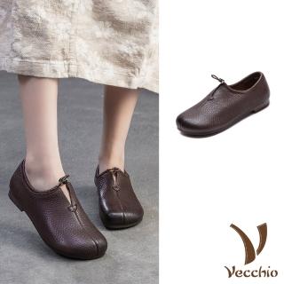 【Vecchio】真皮樂福鞋 低跟樂福鞋/全真皮頭層牛皮便利束口復古百搭低跟樂福鞋(棕)