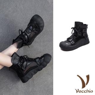 【Vecchio】真皮涼靴 厚底涼靴/真皮頭層牛皮潮流復古繫帶網面拼接厚底羅馬涼鞋 涼靴(黑)