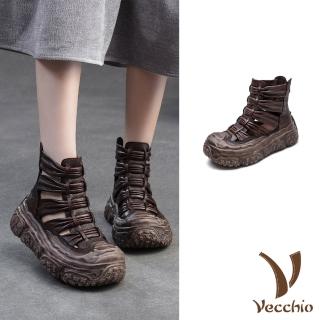 【Vecchio】真皮涼靴 厚底涼靴/真皮頭層牛皮縷空線條擦黑厚底羅馬涼鞋 涼靴(咖)