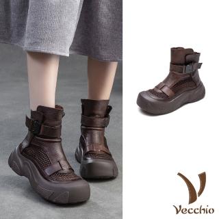 【Vecchio】真皮涼靴 厚底涼靴/真皮頭層牛皮網面拼接厚底休閒羅馬涼鞋 涼靴(咖)