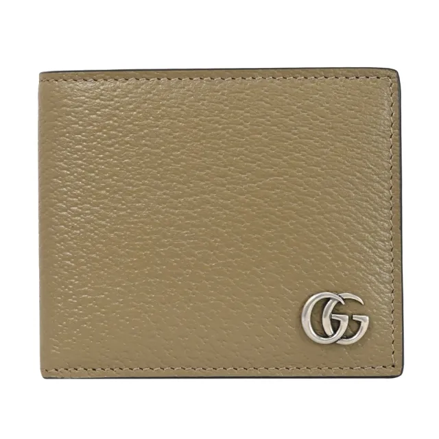 【GUCCI 古馳】金屬雙G LOGO素雅皮革雙層8卡對折短夾(淺褐)
