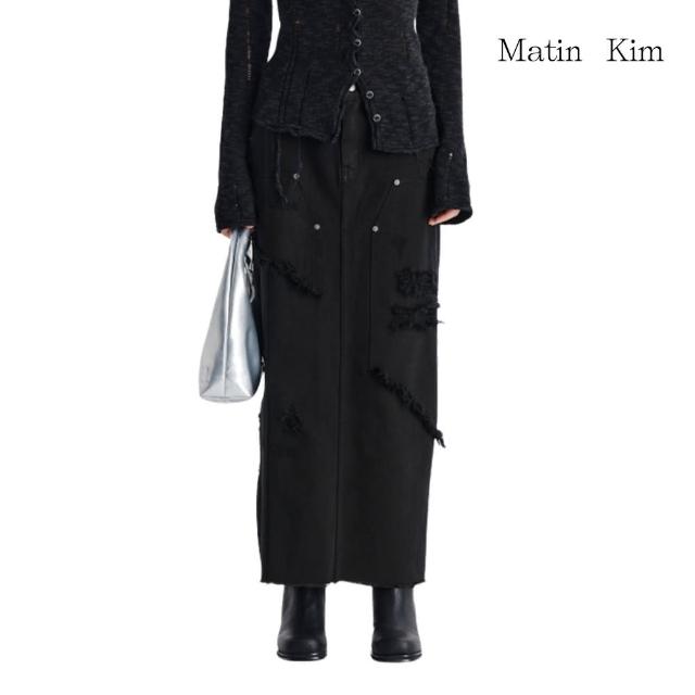 【MATIN KIM】官方旗艦 不對稱刷破設計牛仔裙(黑色)