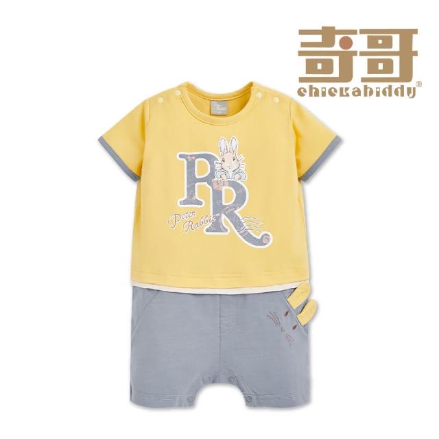 【奇哥】比得兔 男童裝 森林比得撞色側開短袖兔裝/連身衣-吸濕排汗+抗UV(6-24個月 防曬)