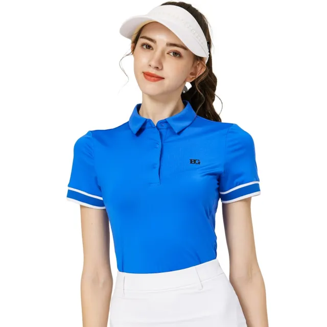 【BLKTEE GOLF】出清特價 螺紋袖口絲光女短袖上衣-黑.彩藍(高爾夫短袖上衣 golf球衫)