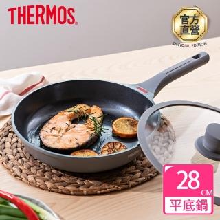 【THERMOS膳魔師】momo獨家專售新一代星曜不沾鍋單柄附蓋壓鑄平底鍋28cm(TFC-F28N-MTGY)