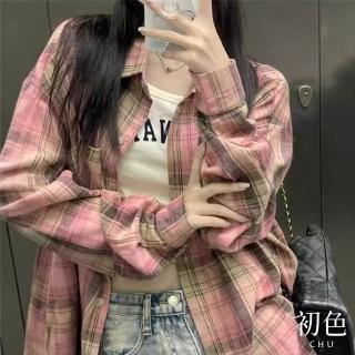 【初色】韓版格紋翻領襯衫上衣女上衣開衫單排扣長袖外套-共12色-10782(M-2XL可選)