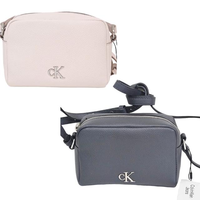 【Calvin Klein】CK 立體logo荔枝紋皮革拉鍊相機包斜背包(淡櫻花粉/大象灰贈原廠紙袋/送禮)