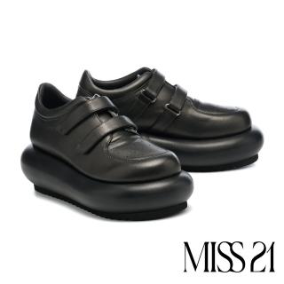 【MISS 21】泡泡球場魔鬼氈雙繫帶純色軟牛皮大頭超厚底鞋(黑)