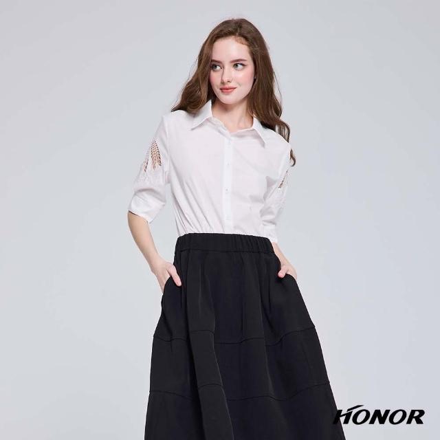 【HONOR 山形屋】時尚葉形鏤空刺繡五分袖襯衫-白