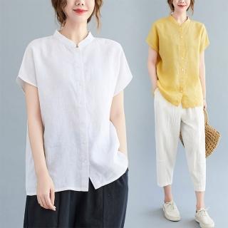 【Pure 衣櫃】寬鬆純色棉麻立領短袖襯衫女上衣(短袖上衣/KDTY-8889)