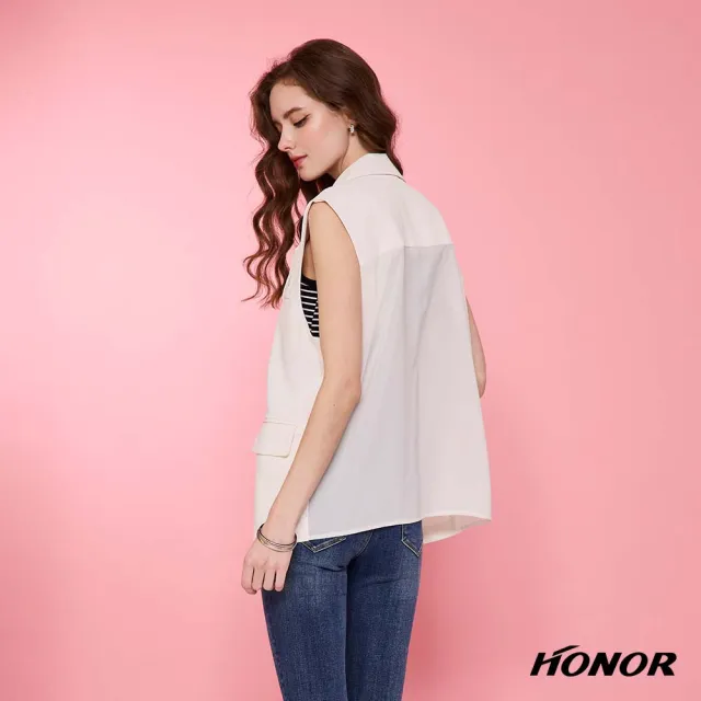 【HONOR 山形屋】出清品 俐落翻領裝飾口袋西裝背心外套-米白/藍(限定出清)