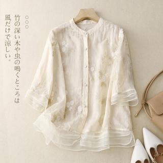 【Pure 衣櫃】刺繡立領五分袖襯衫女上衣(短袖上衣/KDTY-6577)