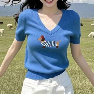 【ONEY 歐妮】★藍色俏皮V領上衣(女上衣/針織/百搭/T恤)