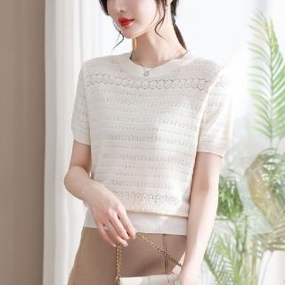 【LANNI 藍尼】★冰絲針織圓領緹花上衣(春秋/女上衣/針織衫/針織上衣)