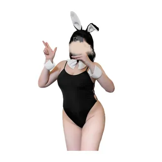 【Enjoy Love】棉花糖女孩大尺碼｜大蝴蝶領結深Ｕ低胸側邊金屬環扣兔女郎套裝(情趣睡衣 性感睡衣 女性)