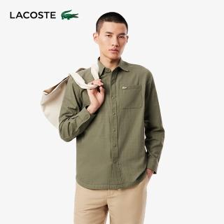 【LACOSTE】男裝-常規版型雙面格紋長袖襯衫(卡其綠)